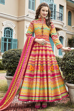 Load image into Gallery viewer, Pink Color Sangeet Wear Printed Art Silk Fabric Anarkali Suit With Leggings
