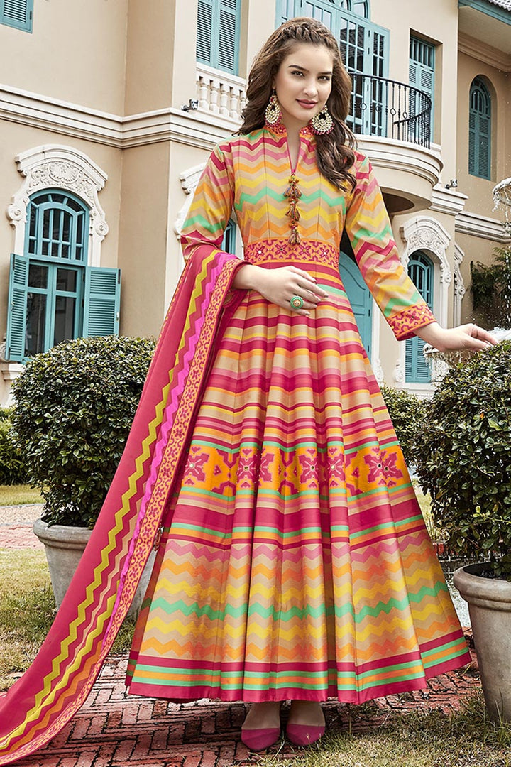 Pink Color Sangeet Wear Printed Art Silk Fabric Anarkali Suit With Leggings