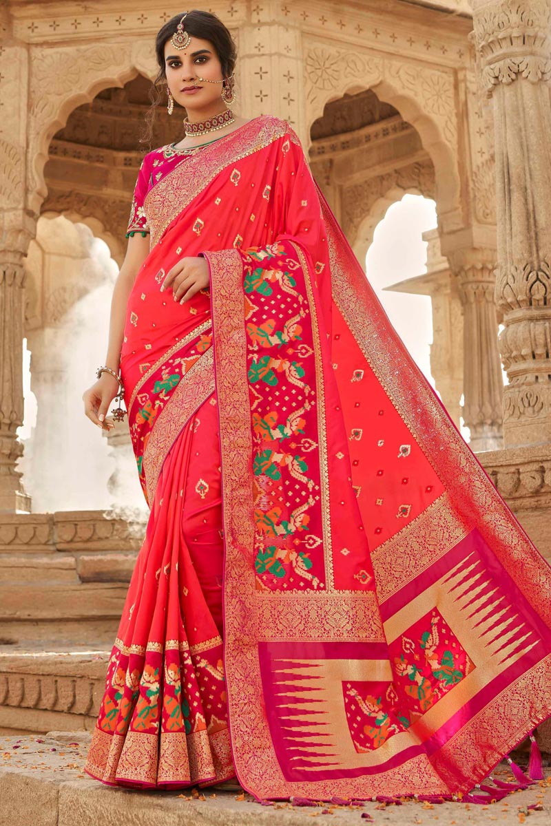 Festive Wear Silk Fabric Weaving Work Saree In Pink Color