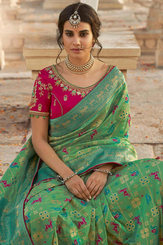 Sea Green Color Festive Wear Silk Fabric Weaving Work Saree