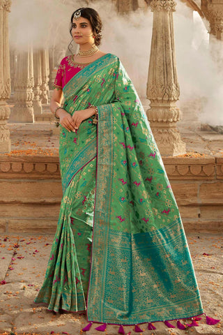 Sea Green Color Festive Wear Silk Fabric Weaving Work Saree