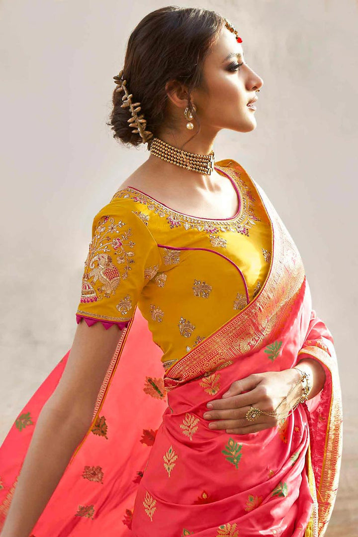 Pink Color Party Wear Silk Fabric Weaving Work Saree