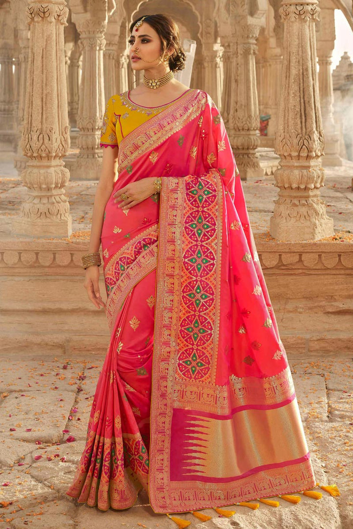 Pink Color Party Wear Silk Fabric Weaving Work Saree