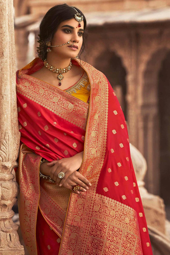Sangeet Wear Red Color Silk Fabric Weaving Work Saree