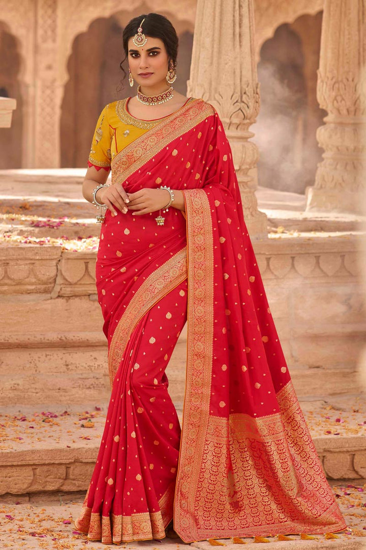 Sangeet Wear Red Color Silk Fabric Weaving Work Saree