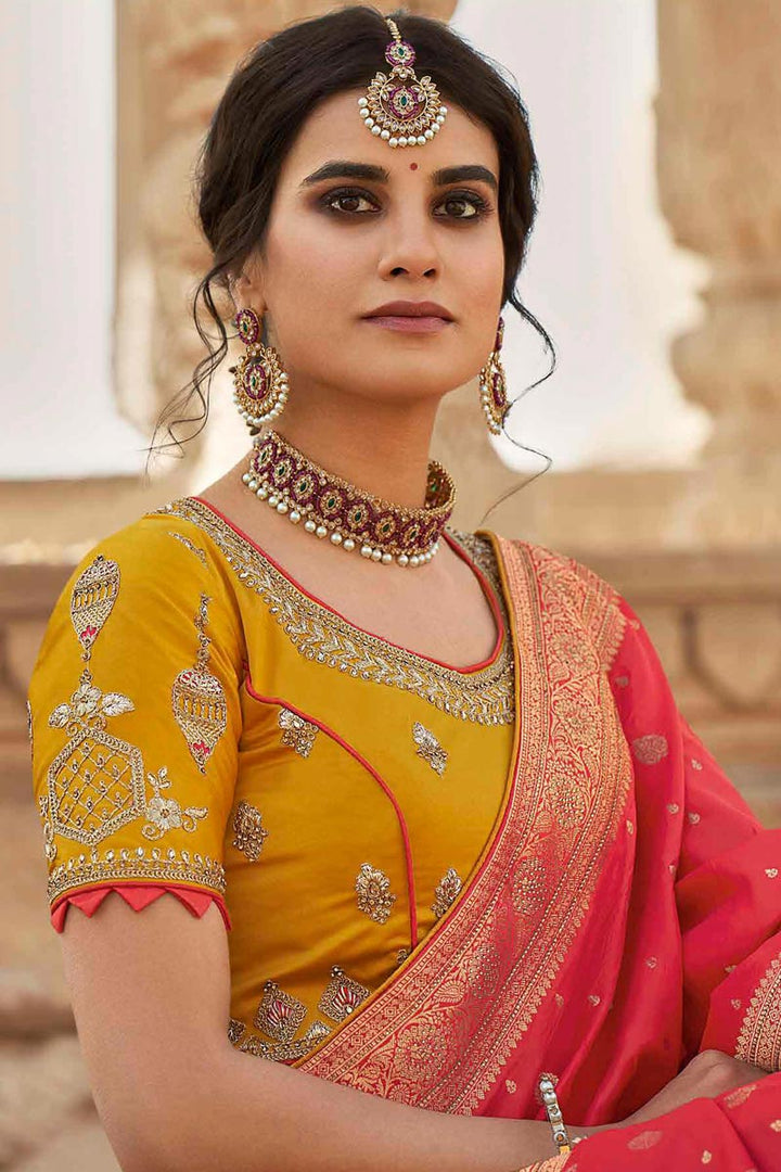 Pink Color Reception Wear Silk Fabric Weaving Work Saree