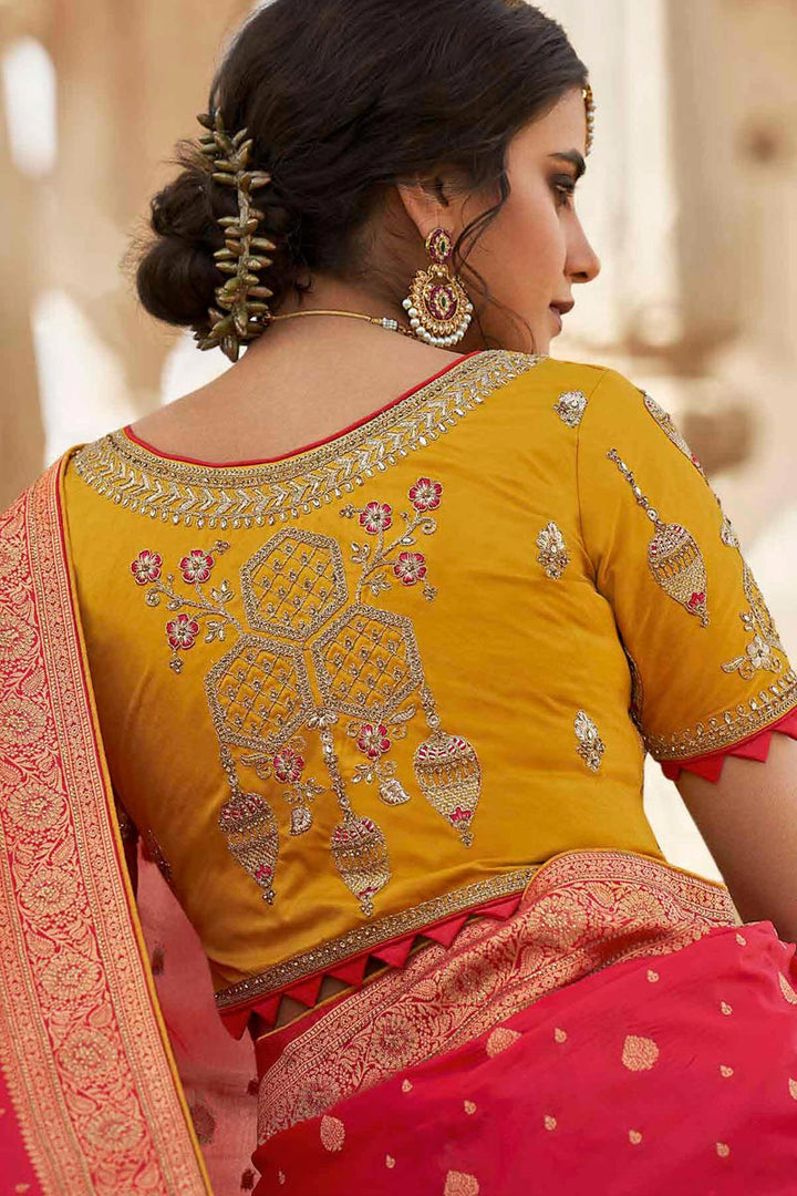 Pink Color Reception Wear Silk Fabric Weaving Work Saree