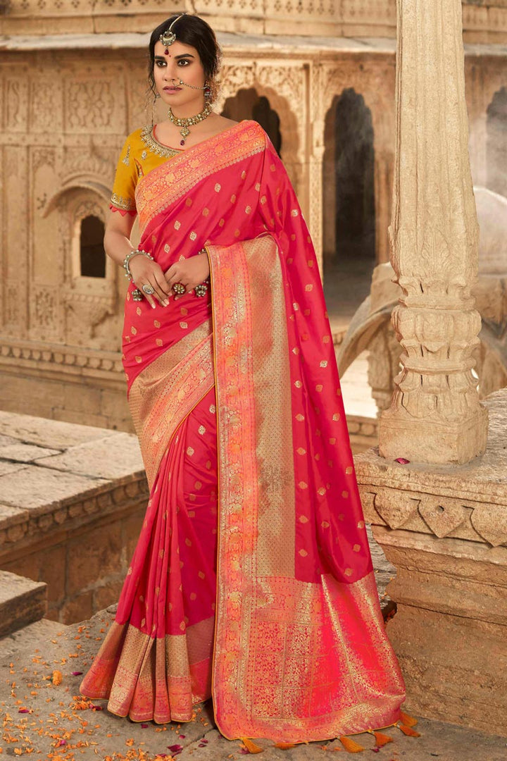Pink Color Reception Wear Silk Fabric Weaving Work Saree