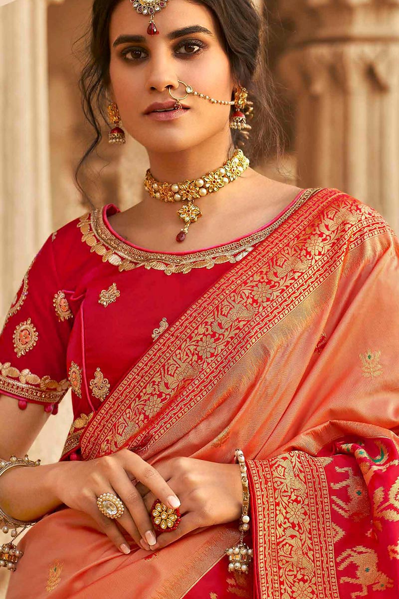 Fancy Weaving Work Reception Wear Saree In Peach Color Silk Fabric
