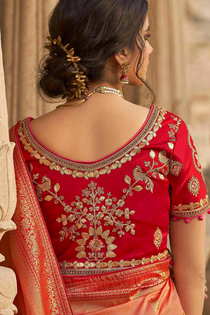 Fancy Weaving Work Reception Wear Saree In Peach Color Silk Fabric
