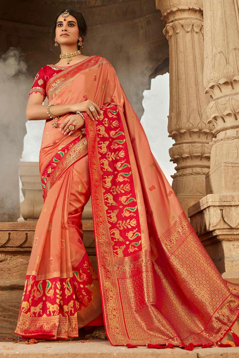 Fancy Weaving Work Reception Wear Saree In Peach Color Silk Fabric