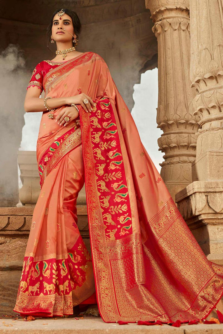 Fancy Weaving Work Reception Wear Saree In Peach Color Silk Fabric