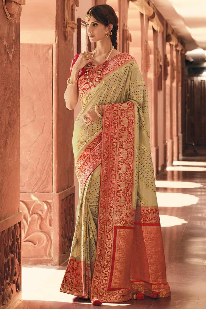 Festive Wear Art Silk Fabric Weaving Work Cream Color Saree With Embroidered Blouse