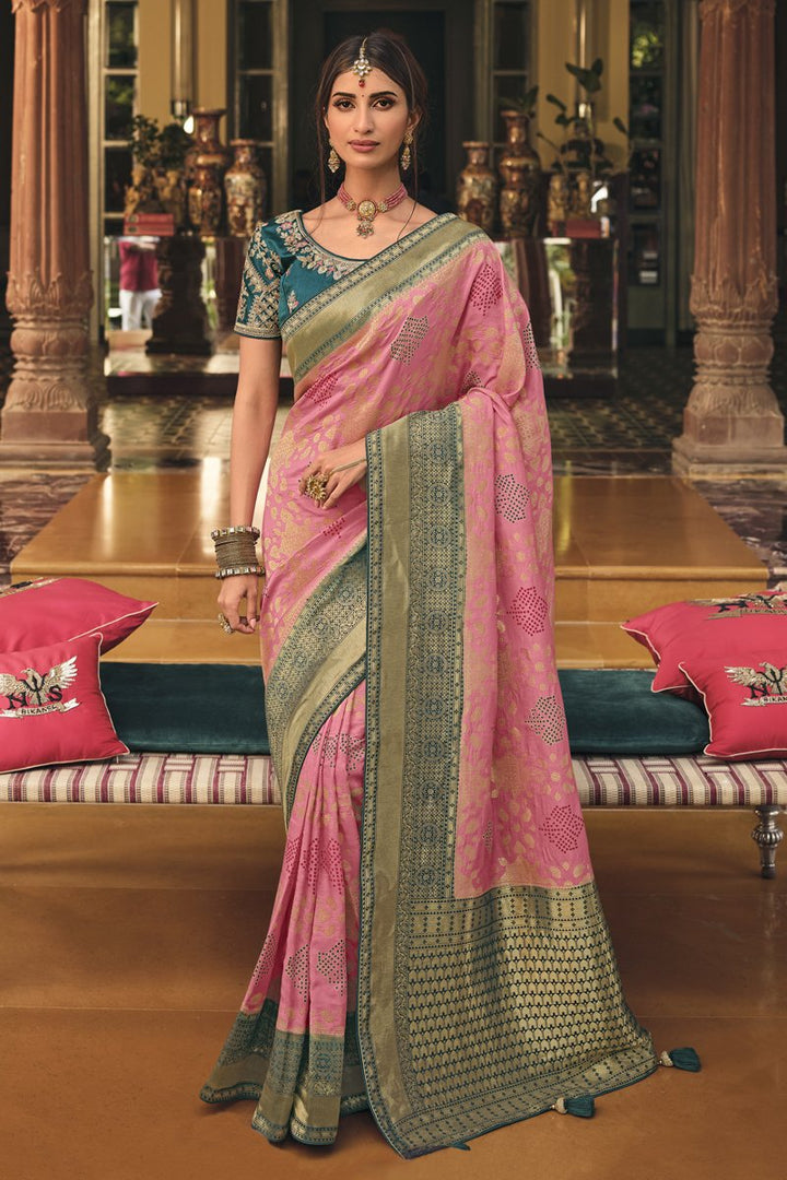 Art Silk Fabric Reception Wear Pink Color Weaving Work Saree With Embroidered Blouse
