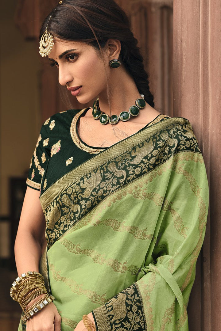 Art Silk Fabric Sangeet Wear Sea Green Color Weaving Work Saree With Embroidered Blouse