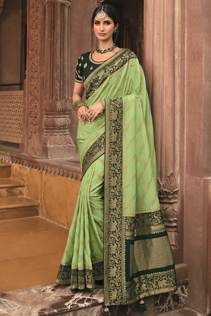 Art Silk Fabric Sangeet Wear Sea Green Color Weaving Work Saree With Embroidered Blouse
