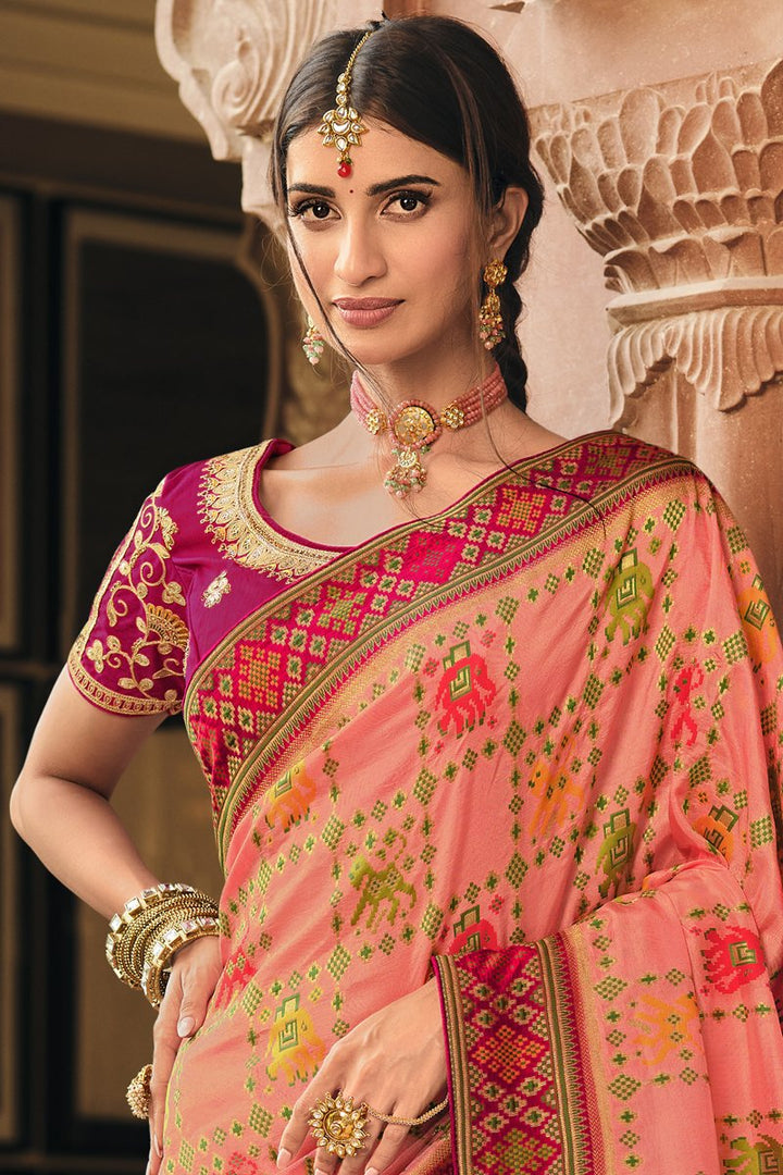 Pink Color Reception Wear Art Silk Fabric Weaving Work Saree With Embroidered Blouse