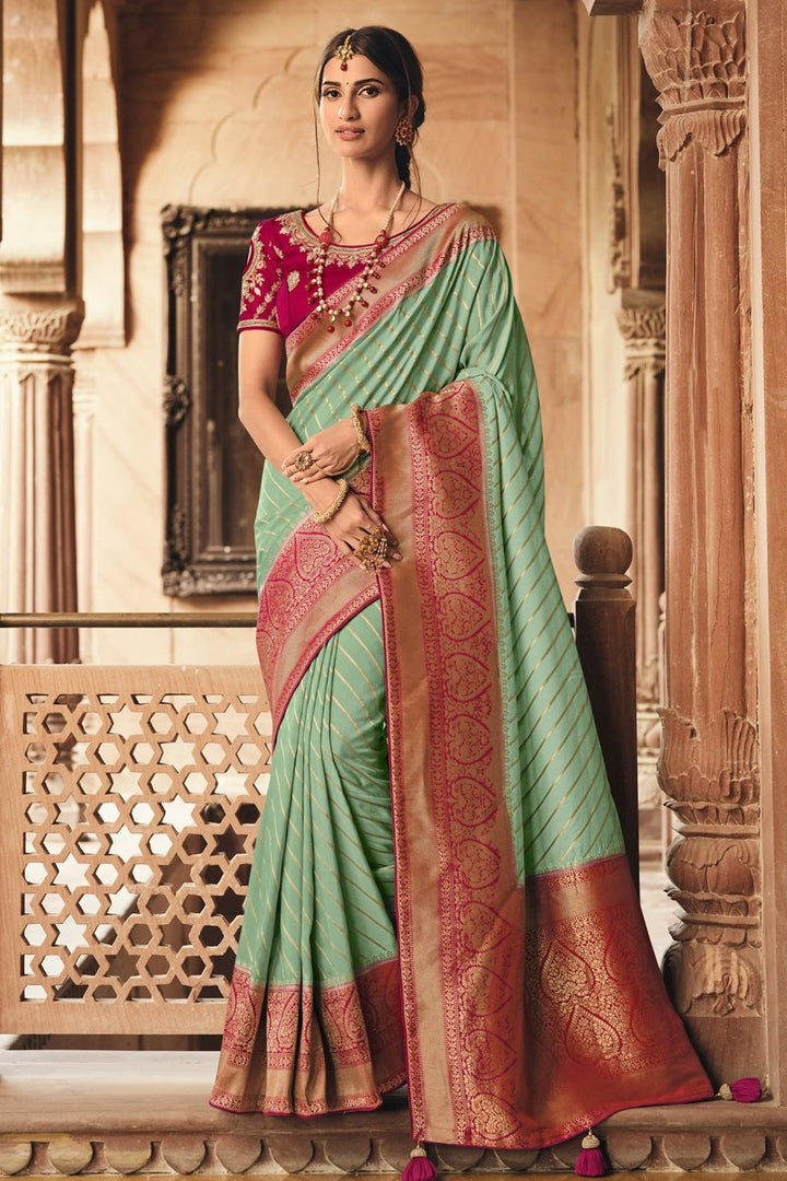 Art Silk Fabric Wedding Wear Sea Green Color Weaving Work Saree With Embroidered Blouse