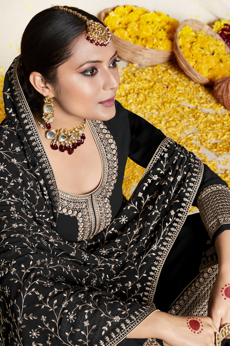Black Color Function Wear Embroidered Work Georgette Fabric Sharara Suit