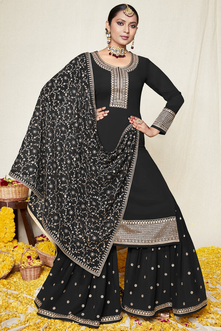 Black Color Function Wear Embroidered Work Georgette Fabric Sharara Suit