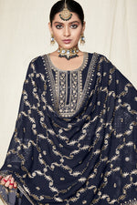 Load image into Gallery viewer, Georgette Fabric Function Wear Navy Blue Color Embroidered Sharara Suit
