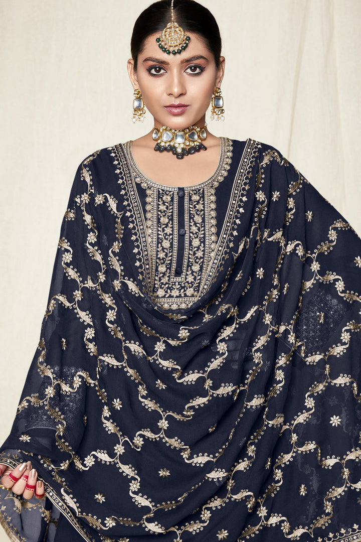 Georgette Fabric Function Wear Navy Blue Color Embroidered Sharara Suit