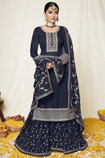 Load image into Gallery viewer, Georgette Fabric Function Wear Navy Blue Color Embroidered Sharara Suit
