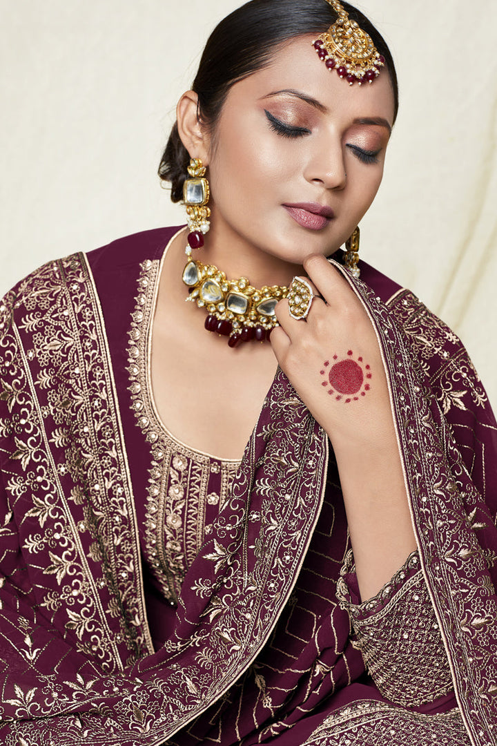 Wine Color Function Wear Embroidered Work Georgette Fabric Sharara Suit