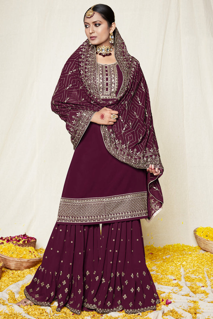 Wine Color Function Wear Embroidered Work Georgette Fabric Sharara Suit