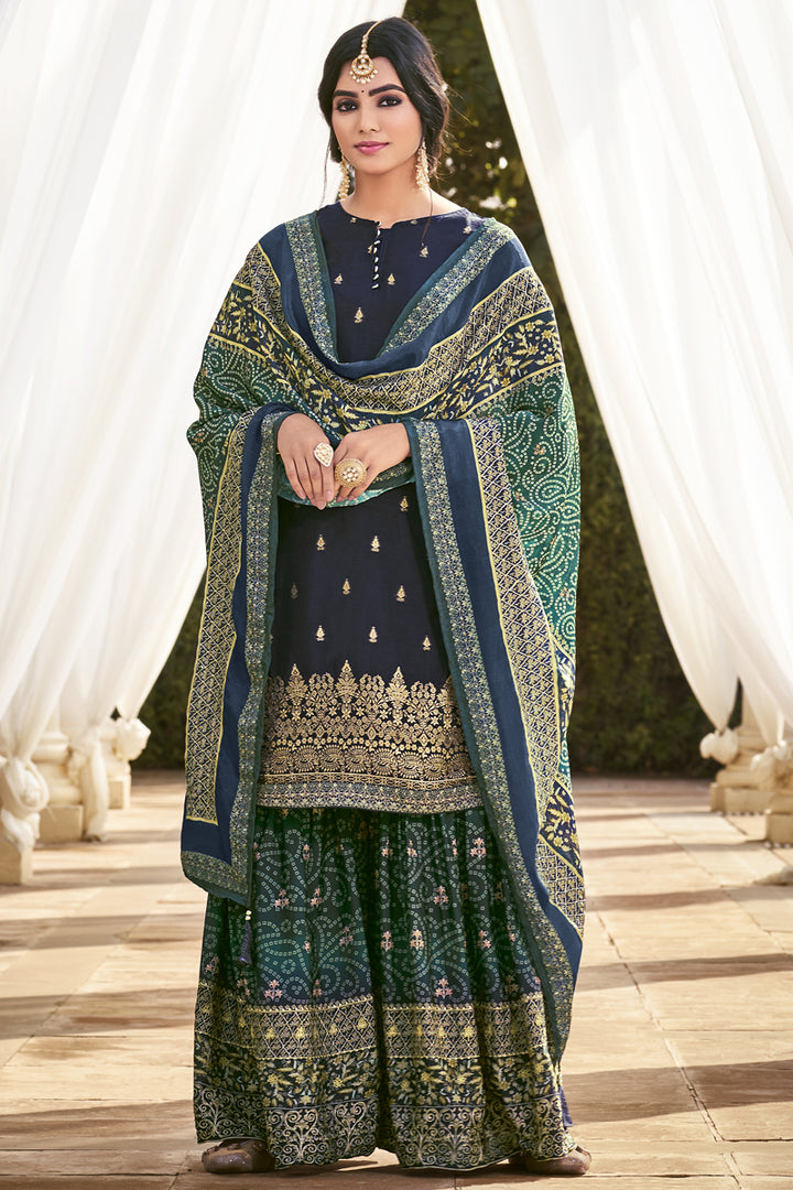 Captivating Sangeet Wear Fancy Fabric Navy Blue Color Sharara Suit With Digital Printed Dupatta