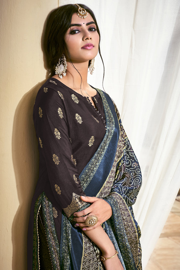 Black Color Sangeet Wear Fancy Fabric Ingenious Sharara Suit With Digital Printed Dupatta