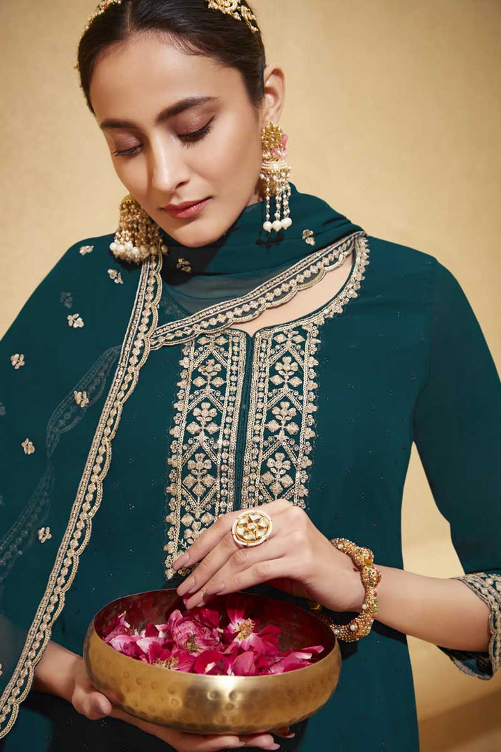 Alluring Georgette Fabric Teal Color Party Wear Palazzo Suit With Embroidered Work