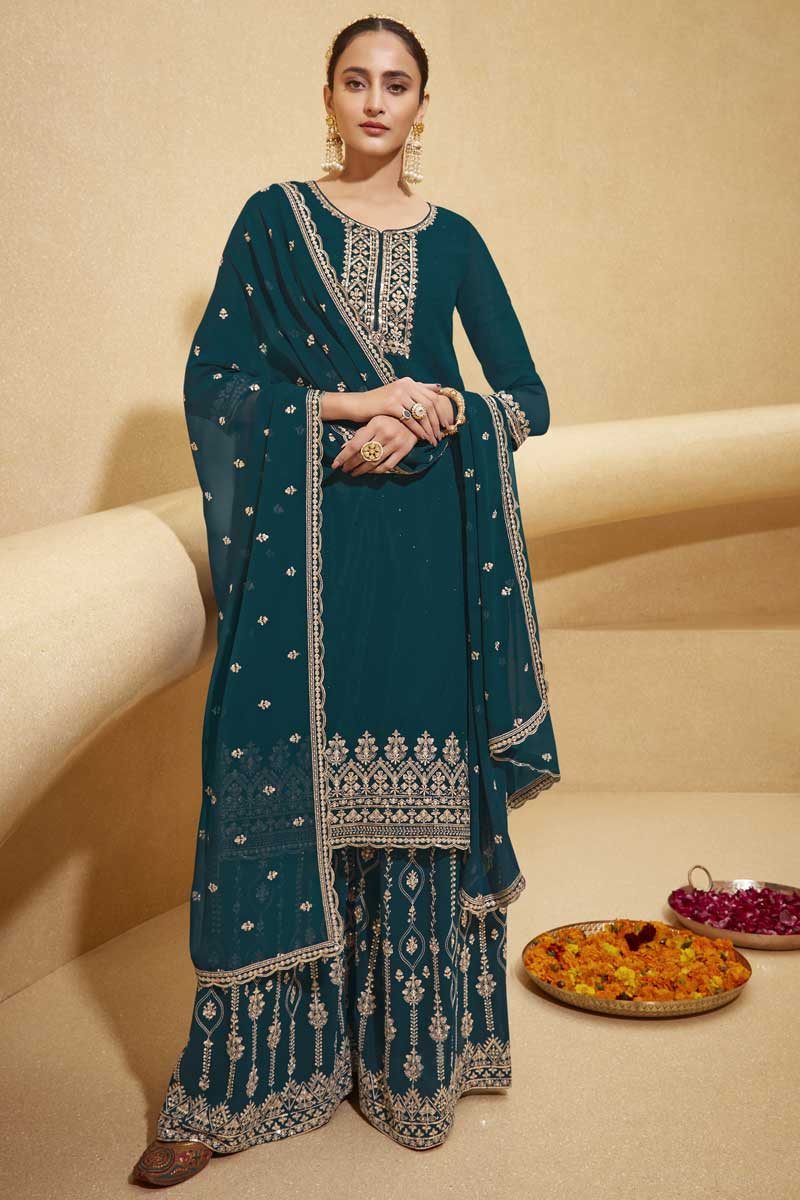 Alluring Georgette Fabric Teal Color Party Wear Palazzo Suit With Embroidered Work