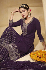 Load image into Gallery viewer, Charming Embroidered Work Purple Color Georgette Fabric Party Wear Palazzo Suit Featuring Vartika Singh
