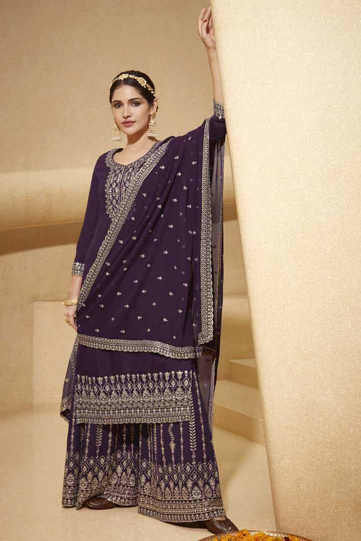 Charming Embroidered Work Purple Color Georgette Fabric Party Wear Palazzo Suit Featuring Vartika Singh