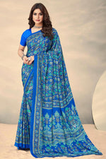 Load image into Gallery viewer, Crepe Silk Fabric Printed Uniform Saree In Blue Color
