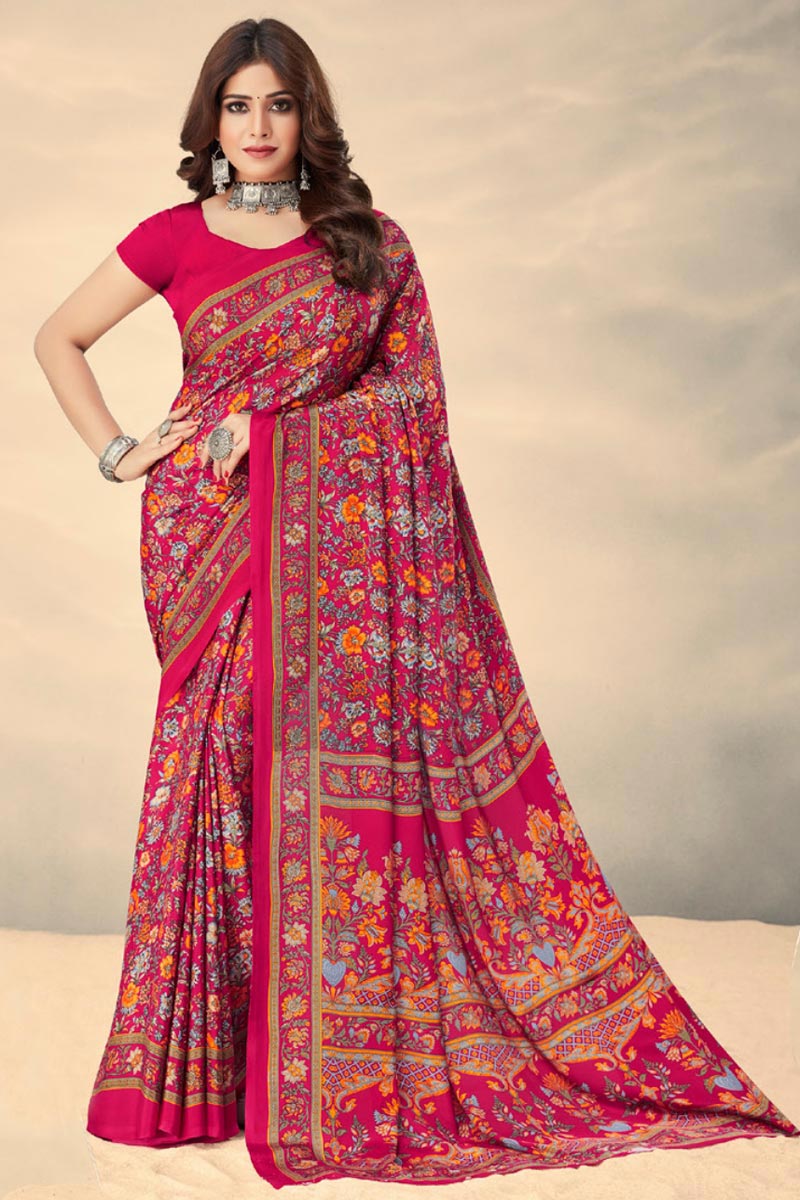 Pink Color Daily Wear Printed Uniform Saree In Crepe Silk Fabric