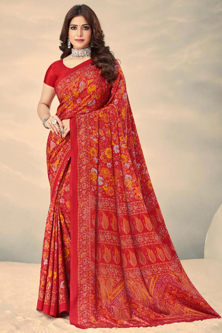 Red Color Crepe Silk Fabric Elegant Printed Uniform Saree