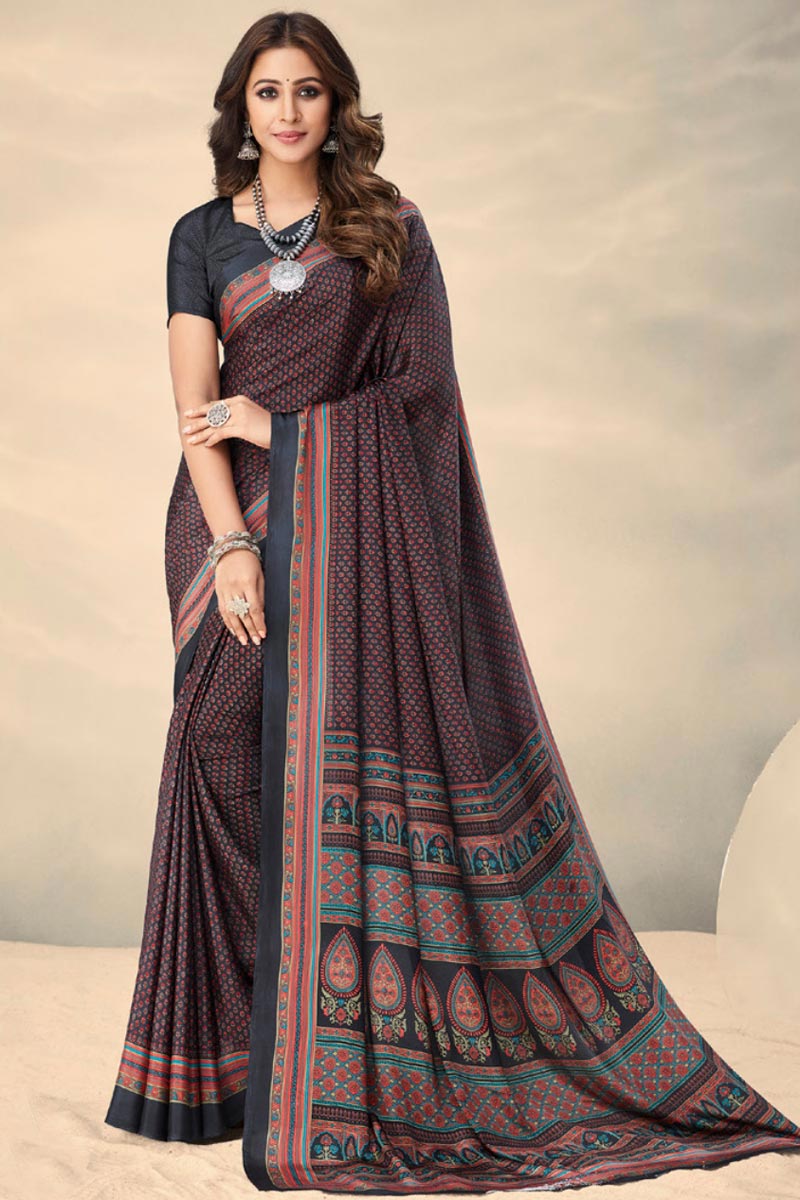 Crepe Silk Fabric Mustard Color Printed Uniform Saree