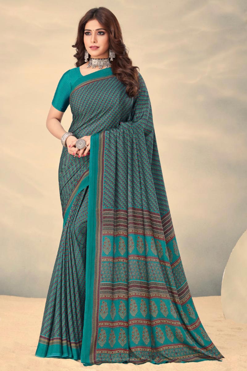 Teal Color Printed Uniform Saree In Crepe Silk Fabric | Buy Online India