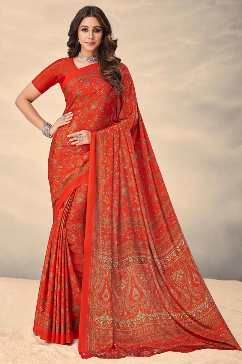 Alluring Crepe Silk Fabric Daily Wear Printed Uniform Saree In Red Color