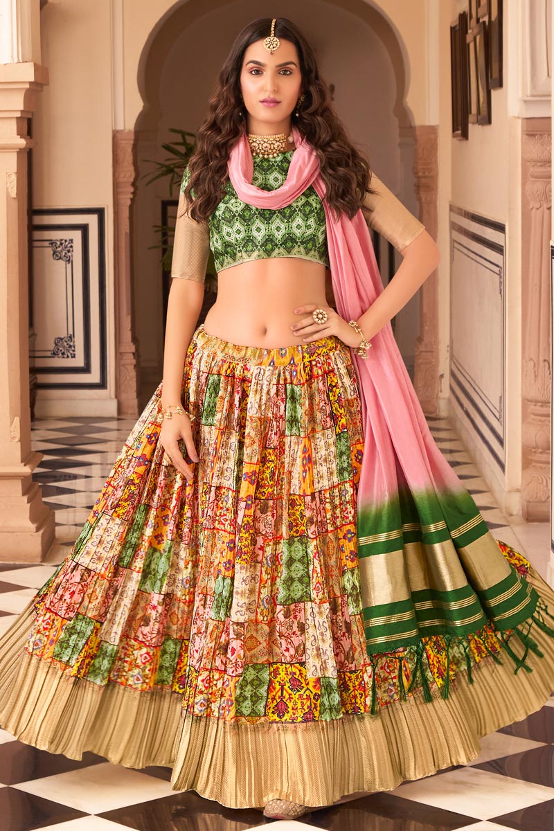 Satin Silk Fabric Digital Printed Brilliant Lehenga Choli In Cream Color