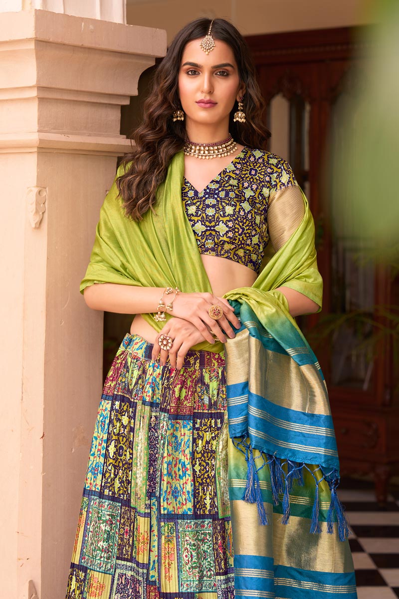 Digital Printed Satin Silk Fabric Green Color Enticing Lehenga Choli