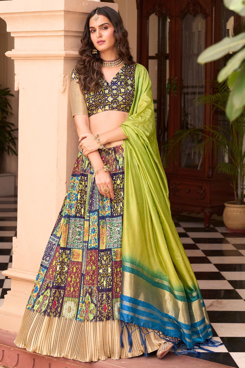 Digital Printed Satin Silk Fabric Green Color Enticing Lehenga Choli