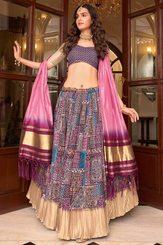 Satin Silk Fabric Purple Color Digital Printed Delicate Lehenga Choli