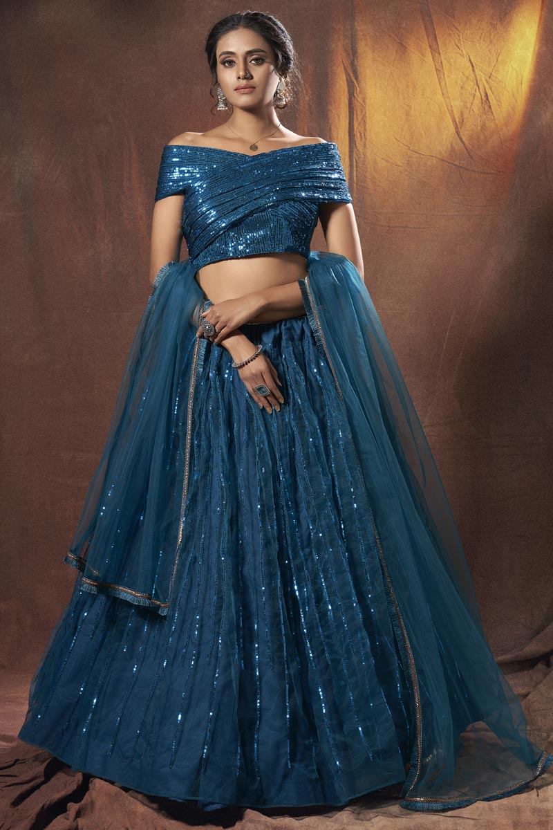 Reception Wear Teal Color Fancy Work Lehenga Choli