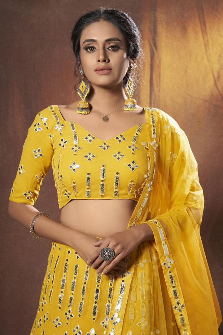 Georgette Fabric Yellow Color Sangeet Wear 3 Piece Lehenga Choli