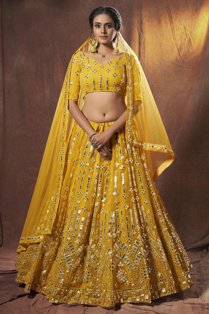 Georgette Fabric Yellow Color Sangeet Wear 3 Piece Lehenga Choli