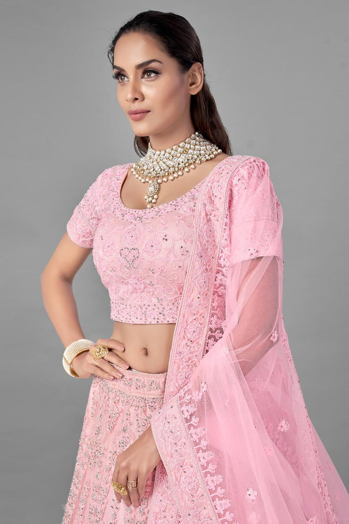 Wedding Wear Thread Embroidered Lehenga Choli In Pink Color Net Fabric