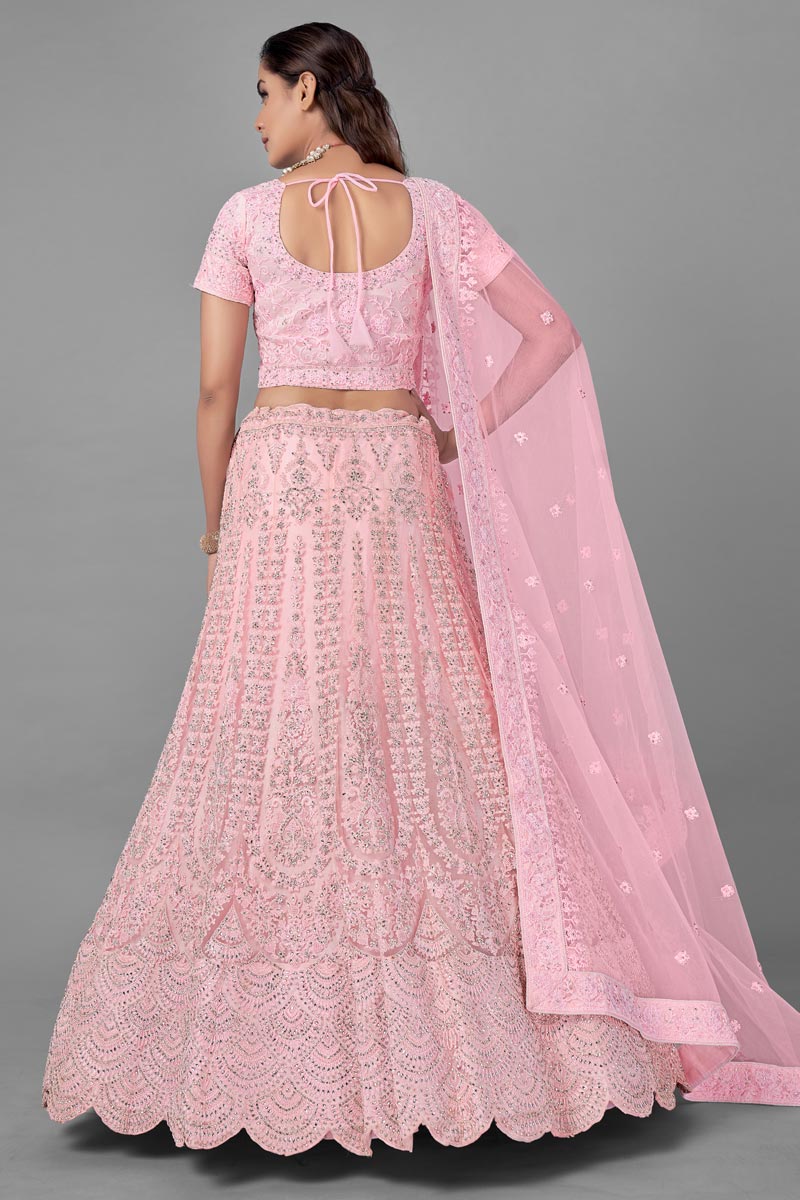 Wedding Wear Thread Embroidered Lehenga Choli In Pink Color Net Fabric